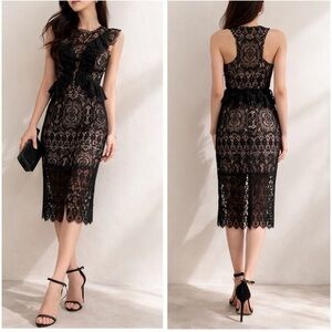 Alexis Narasse Black Lace Racerback Scalloped Cocktail Midi Dress